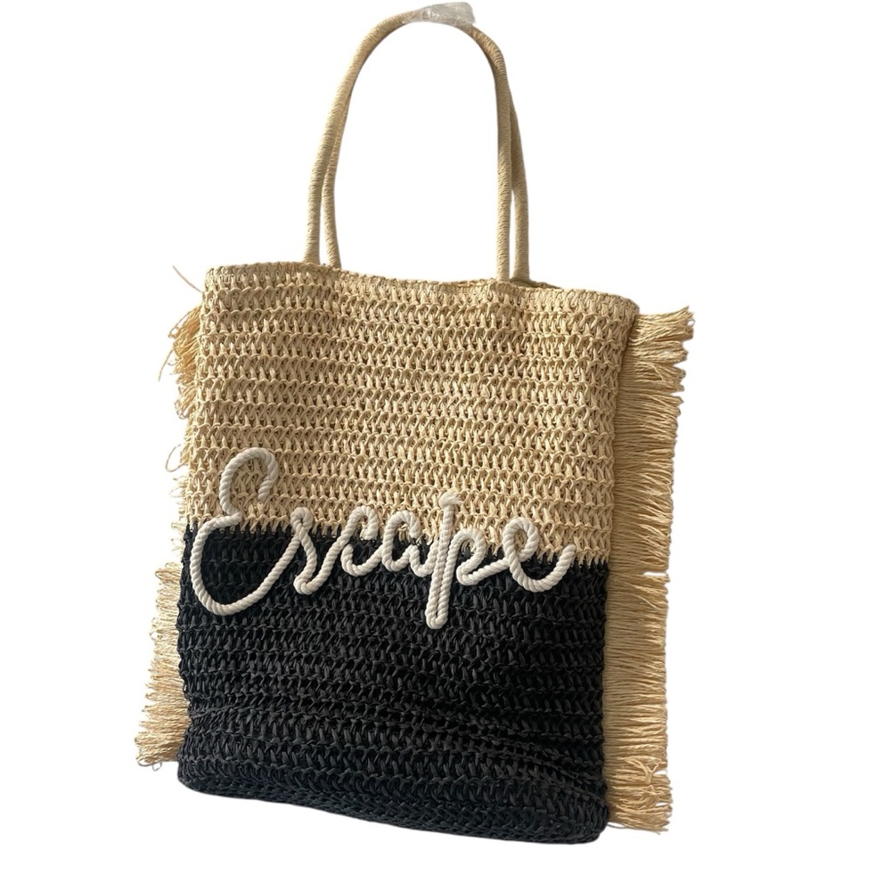 Mudpie Vacation Escape Tote Bag Paper Straw Color Block Black Natural Rope Word